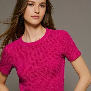 Women's Milly Hot Pink Fuchsia Perforated Sweater Top Cotton Knit Shirt Blouse